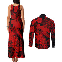 Aloha Hawaii Couples Matching Tank Maxi Dress and Long Sleeve Button Shirts Hammerhead Shark Tattoo Polynesian Summer - Red LT9 - Wonder Print Shop