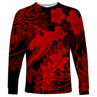 Aloha Hawaii Long Sleeve Shirt Hammerhead Shark Tattoo Polynesian Summer - Red - Wonder Print Shop
