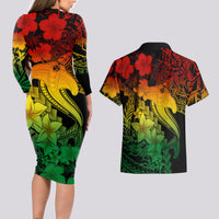 Aloha Hawaii Couples Matching Long Sleeve Bodycon Dress and Hawaiian Shirt Hammerhead Shark Tattoo Polynesian Summer - Reggae LT9 - Wonder Print Shop