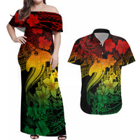 Aloha Hawaii Couples Matching Off Shoulder Maxi Dress and Hawaiian Shirt Hammerhead Shark Tattoo Polynesian Summer - Reggae LT9 - Wonder Print Shop