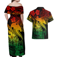 Aloha Hawaii Couples Matching Off Shoulder Maxi Dress and Hawaiian Shirt Hammerhead Shark Tattoo Polynesian Summer - Reggae LT9 - Wonder Print Shop