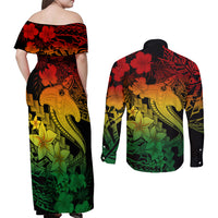Aloha Hawaii Couples Matching Off Shoulder Maxi Dress and Long Sleeve Button Shirts Hammerhead Shark Tattoo Polynesian Summer - Reggae LT9 - Wonder Print Shop
