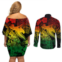 Aloha Hawaii Couples Matching Off Shoulder Short Dress and Long Sleeve Button Shirts Hammerhead Shark Tattoo Polynesian Summer - Reggae LT9 - Wonder Print Shop