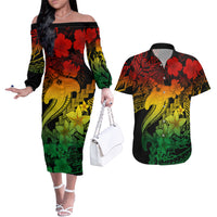 Aloha Hawaii Couples Matching Off The Shoulder Long Sleeve Dress and Hawaiian Shirt Hammerhead Shark Tattoo Polynesian Summer - Reggae LT9 - Wonder Print Shop