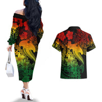 Aloha Hawaii Couples Matching Off The Shoulder Long Sleeve Dress and Hawaiian Shirt Hammerhead Shark Tattoo Polynesian Summer - Reggae LT9 - Wonder Print Shop