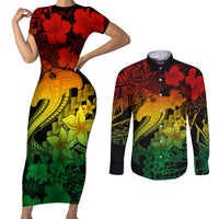 Aloha Hawaii Couples Matching Short Sleeve Bodycon Dress and Long Sleeve Button Shirts Hammerhead Shark Tattoo Polynesian Summer - Reggae LT9 - Wonder Print Shop