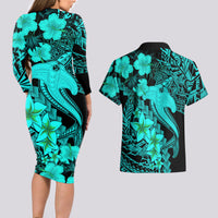 Aloha Hawaii Couples Matching Long Sleeve Bodycon Dress and Hawaiian Shirt Hammerhead Shark Tattoo Polynesian Summer - Turquoise LT9 - Wonder Print Shop
