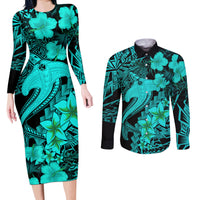 Aloha Hawaii Couples Matching Long Sleeve Bodycon Dress and Long Sleeve Button Shirts Hammerhead Shark Tattoo Polynesian Summer - Turquoise LT9 - Wonder Print Shop