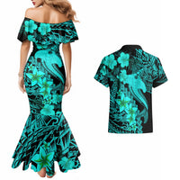Aloha Hawaii Couples Matching Mermaid Dress And Hawaiian Shirt Hammerhead Shark Tattoo Polynesian Summer - Turquoise LT9 - Wonder Print Shop