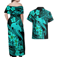 Aloha Hawaii Couples Matching Off Shoulder Maxi Dress and Hawaiian Shirt Hammerhead Shark Tattoo Polynesian Summer - Turquoise LT9 - Wonder Print Shop