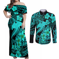 Aloha Hawaii Couples Matching Off Shoulder Maxi Dress and Long Sleeve Button Shirts Hammerhead Shark Tattoo Polynesian Summer - Turquoise LT9 - Wonder Print Shop