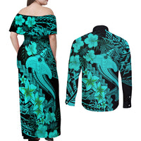 Aloha Hawaii Couples Matching Off Shoulder Maxi Dress and Long Sleeve Button Shirts Hammerhead Shark Tattoo Polynesian Summer - Turquoise LT9 - Wonder Print Shop