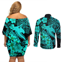 Aloha Hawaii Couples Matching Off Shoulder Short Dress and Long Sleeve Button Shirts Hammerhead Shark Tattoo Polynesian Summer - Turquoise LT9 - Wonder Print Shop