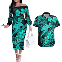 Aloha Hawaii Couples Matching Off The Shoulder Long Sleeve Dress and Hawaiian Shirt Hammerhead Shark Tattoo Polynesian Summer - Turquoise LT9 - Wonder Print Shop