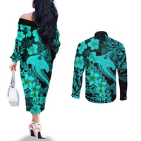aloha-hawaii-couples-matching-off-the-shoulder-long-sleeve-dress-and-long-sleeve-button-shirts-hammerhead-shark-tattoo-polynesian-summer-turquoise