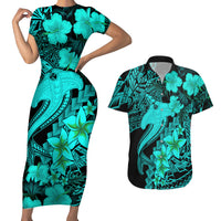 Aloha Hawaii Couples Matching Short Sleeve Bodycon Dress and Hawaiian Shirt Hammerhead Shark Tattoo Polynesian Summer - Turquoise LT9 - Wonder Print Shop