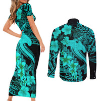 Aloha Hawaii Couples Matching Short Sleeve Bodycon Dress and Long Sleeve Button Shirts Hammerhead Shark Tattoo Polynesian Summer - Turquoise LT9 - Wonder Print Shop