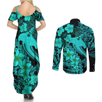 Aloha Hawaii Couples Matching Summer Maxi Dress and Long Sleeve Button Shirts Hammerhead Shark Tattoo Polynesian Summer - Turquoise LT9 - Wonder Print Shop