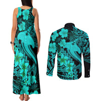 Aloha Hawaii Couples Matching Tank Maxi Dress and Long Sleeve Button Shirts Hammerhead Shark Tattoo Polynesian Summer - Turquoise LT9 - Wonder Print Shop