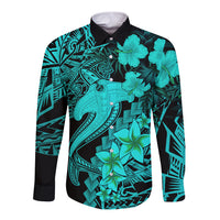 Aloha Hawaii Long Sleeve Button Shirt Hammerhead Shark Tattoo Polynesian Summer - Turquoise - Wonder Print Shop