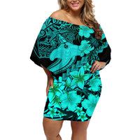 Aloha Hawaii Off Shoulder Short Dress Hammerhead Shark Tattoo Polynesian Summer - Turquoise - Wonder Print Shop