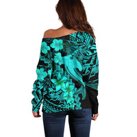 Aloha Hawaii Off Shoulder Sweater Hammerhead Shark Tattoo Polynesian Summer - Turquoise - Wonder Print Shop