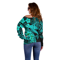 Aloha Hawaii Off Shoulder Sweater Hammerhead Shark Tattoo Polynesian Summer - Turquoise - Wonder Print Shop