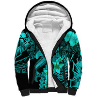 Aloha Hawaii Sherpa Hoodie Hammerhead Shark Tattoo Polynesian Summer - Turquoise - Wonder Print Shop