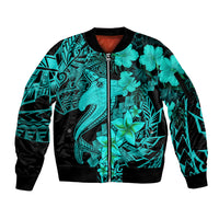 Aloha Hawaii Sleeve Zip Bomber Jacket Hammerhead Shark Tattoo Polynesian Summer - Turquoise - Wonder Print Shop