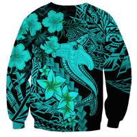 Aloha Hawaii Sweatshirt Hammerhead Shark Tattoo Polynesian Summer - Turquoise - Wonder Print Shop