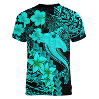 Aloha Hawaii Women V Neck T Shirt Hammerhead Shark Tattoo Polynesian Summer - Turquoise - Wonder Print Shop