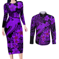 Aloha Hawaii Couples Matching Long Sleeve Bodycon Dress and Long Sleeve Button Shirts Hammerhead Shark Tattoo Polynesian Summer - Violet LT9 - Wonder Print Shop