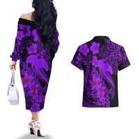 Aloha Hawaii Couples Matching Off The Shoulder Long Sleeve Dress and Hawaiian Shirt Hammerhead Shark Tattoo Polynesian Summer - Violet LT9 - Wonder Print Shop