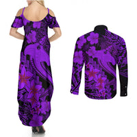 Aloha Hawaii Couples Matching Summer Maxi Dress and Long Sleeve Button Shirts Hammerhead Shark Tattoo Polynesian Summer - Violet LT9 - Wonder Print Shop