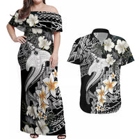 Aloha Hawaii Couples Matching Off Shoulder Maxi Dress and Hawaiian Shirt Hammerhead Shark Tattoo Polynesian Summer - White LT9 - Wonder Print Shop