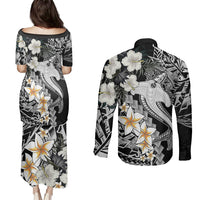 Aloha Hawaii Couples Matching Puletasi Dress and Long Sleeve Button Shirts Hammerhead Shark Tattoo Polynesian Summer - White LT9 - Wonder Print Shop