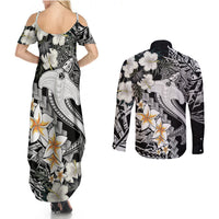 Aloha Hawaii Couples Matching Summer Maxi Dress and Long Sleeve Button Shirts Hammerhead Shark Tattoo Polynesian Summer - White LT9 - Wonder Print Shop