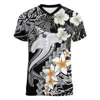 Aloha Hawaii Women V Neck T Shirt Hammerhead Shark Tattoo Polynesian Summer - White - Wonder Print Shop