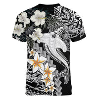 Aloha Hawaii Women V Neck T Shirt Hammerhead Shark Tattoo Polynesian Summer - White - Wonder Print Shop