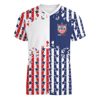 2026 Rugby Nations Series Custom United States Women V-Neck T-Shirt Red Star And Stripes Pattern