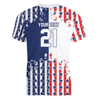 2026 Rugby Nations Series Custom United States Women V-Neck T-Shirt Red Star And Stripes Pattern