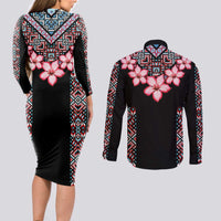 Africa Adenium Multiflorum Flowers Couples Matching Long Sleeve Bodycon Dress and Long Sleeve Button Shirt Mix Native Tribal Pattern LT9 - Wonder Print Shop