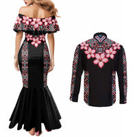 Africa Adenium Multiflorum Flowers Couples Matching Mermaid Dress and Long Sleeve Button Shirt Mix Native Tribal Pattern