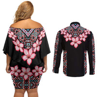 Africa Adenium Multiflorum Flowers Couples Matching Off Shoulder Short Dress and Long Sleeve Button Shirt Mix Native Tribal Pattern LT9 - Wonder Print Shop