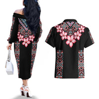 Africa Adenium Multiflorum Flowers Couples Matching Off The Shoulder Long Sleeve Dress and Hawaiian Shirt Mix Native Tribal Pattern LT9 - Wonder Print Shop