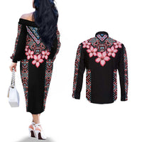 Africa Adenium Multiflorum Flowers Couples Matching Off The Shoulder Long Sleeve Dress and Long Sleeve Button Shirt Mix Native Tribal Pattern