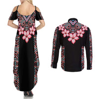 Africa Adenium Multiflorum Flowers Couples Matching Summer Maxi Dress and Long Sleeve Button Shirt Mix Native Tribal Pattern LT9 - Wonder Print Shop