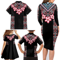 Africa Adenium Multiflorum Flowers Family Matching Long Sleeve Bodycon Dress and Hawaiian Shirt Mix Native Tribal Pattern LT9 - Wonder Print Shop