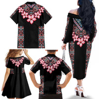 Africa Adenium Multiflorum Flowers Family Matching Off The Shoulder Long Sleeve Dress and Hawaiian Shirt Mix Native Tribal Pattern - Wonder Print Shop