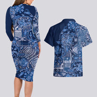 Africa Floral mix Maasai Shuka Couples Matching Long Sleeve Bodycon Dress and Hawaiian Shirt Blue Moitf LT9 - Wonder Print Shop